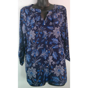 Adrienne Vittadini Navy Floral Blouse Silver Logo Buttons 3/4 roll up sleeve